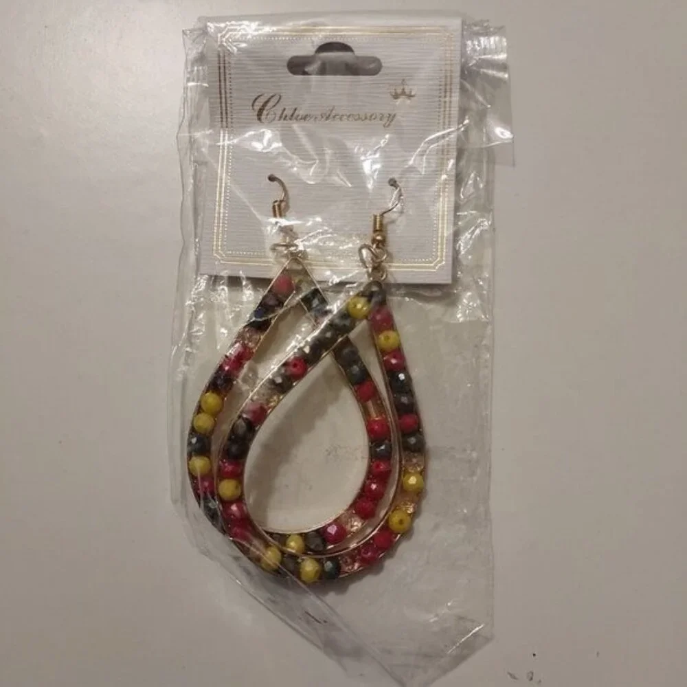 Beaded Teardrop Earrings Gold Frame Multicolor -Dangle- Fashion Jewelry-NEW
